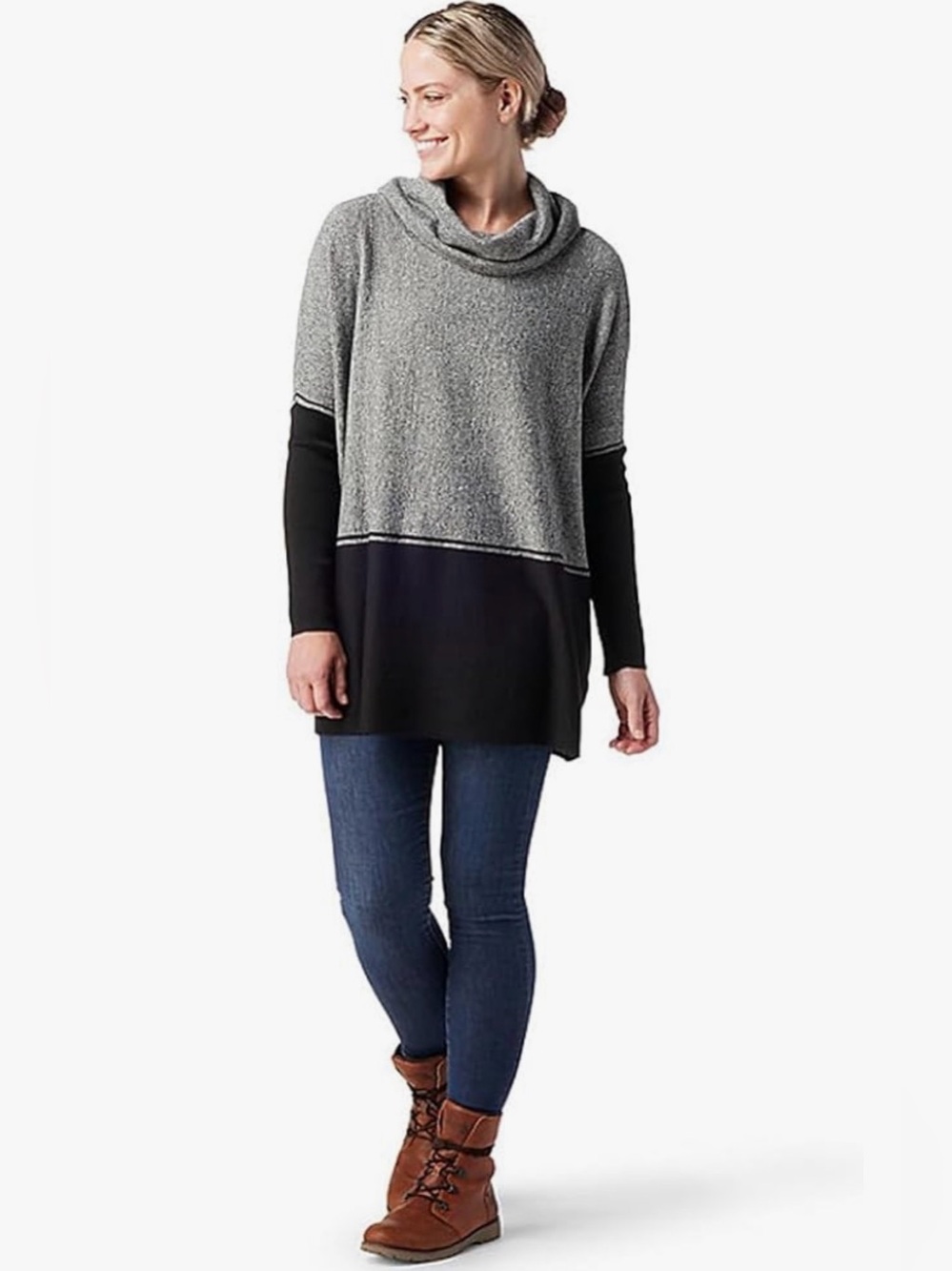 Smartwool Women’s Edgewood Wool Blend Cowl Neck Poncho Sweater Grey/Black Size M